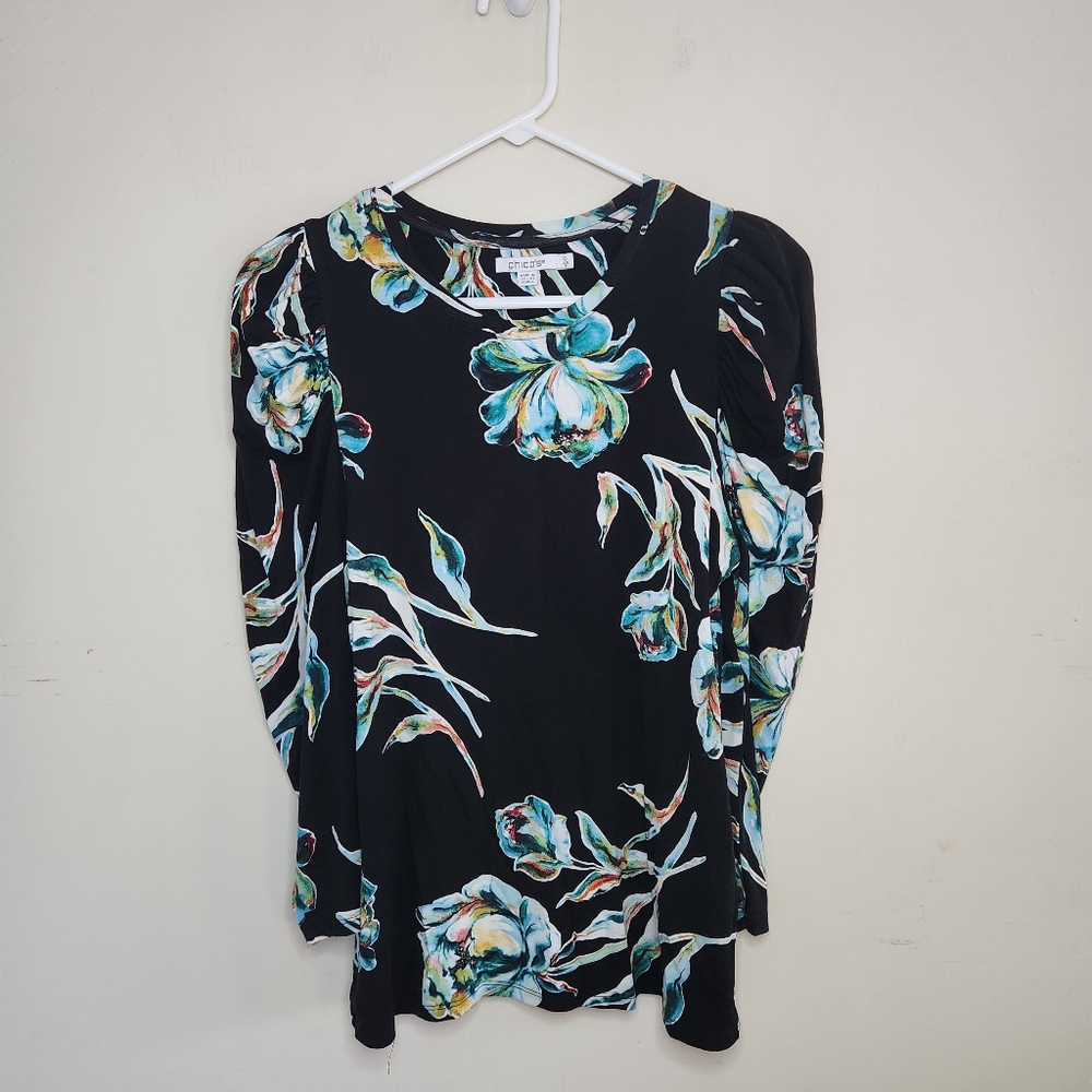 Chico's Women's Floral Print Puff Sleeve Top Sz Small